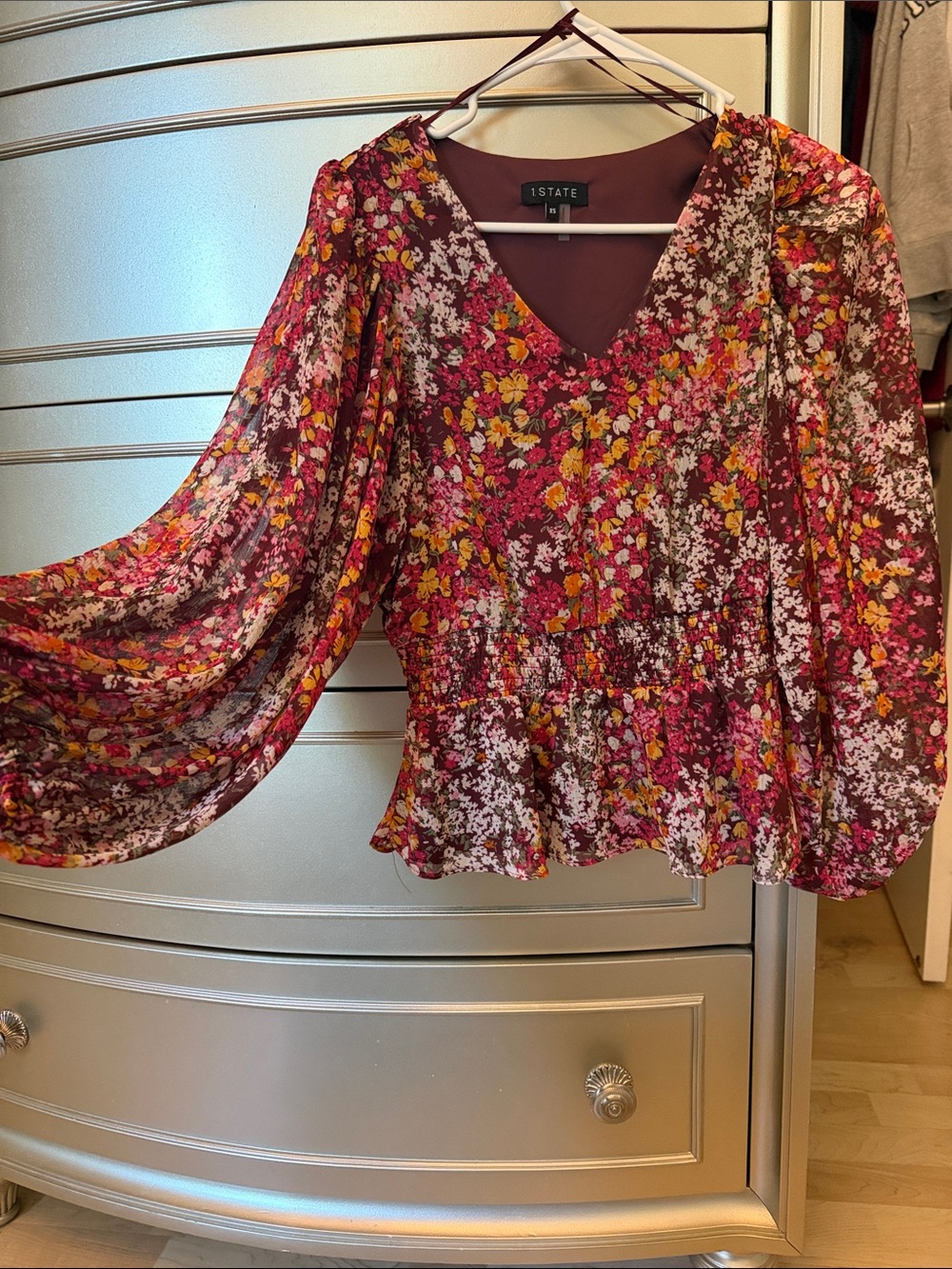 STATE Floral V-Neck Peplum Blouse in Burgundy, Pink and Yellow